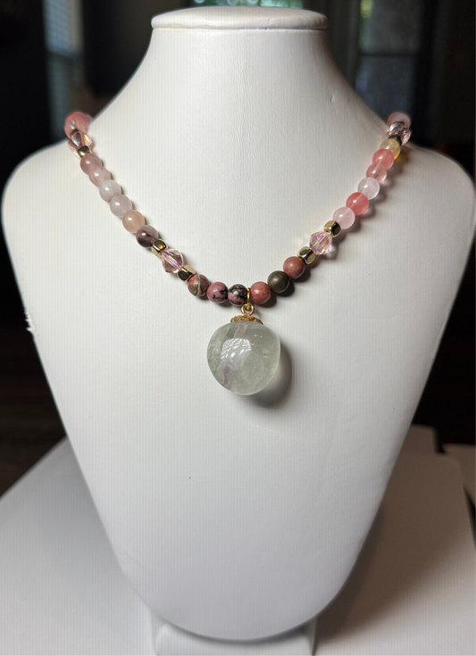 Fluorite, Rhodonite, Cherry Quartz & Milky Quartz Necklace